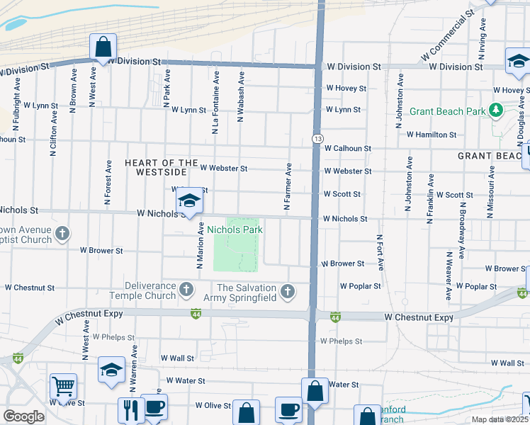 map of restaurants, bars, coffee shops, grocery stores, and more near 1733 West Nichols Street in Springfield