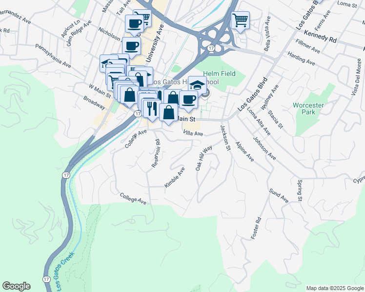 map of restaurants, bars, coffee shops, grocery stores, and more near 109 Cleland Avenue in Los Gatos