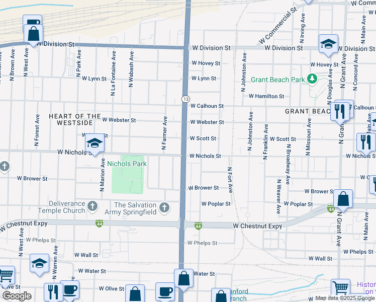 map of restaurants, bars, coffee shops, grocery stores, and more near 1527 West Nichols Street in Springfield