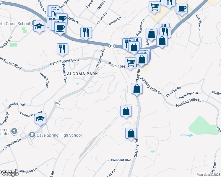 map of restaurants, bars, coffee shops, grocery stores, and more near 3380 Londonderry Lane in Cave Spring