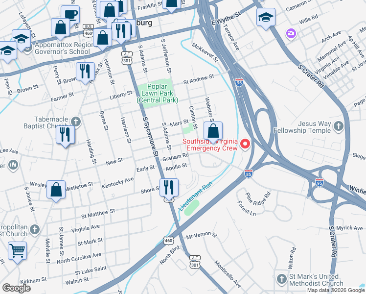 map of restaurants, bars, coffee shops, grocery stores, and more near 214 Mercury Street in Petersburg