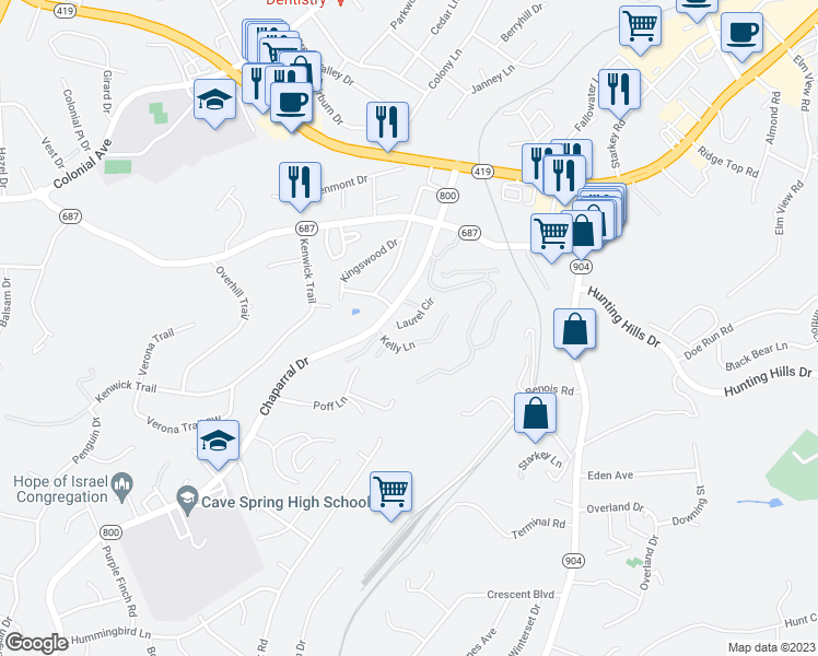map of restaurants, bars, coffee shops, grocery stores, and more near 3420 Laurel Circle in Roanoke