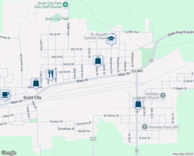 map of restaurants, bars, coffee shops, grocery stores, and more near 201 Cape Street in Scott City