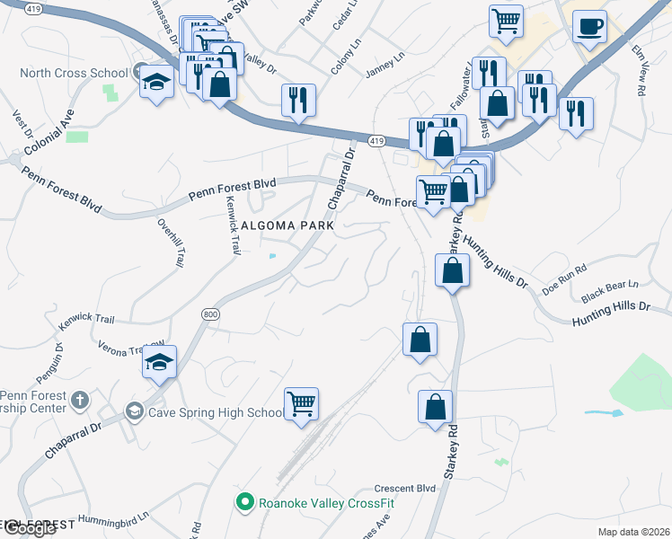 map of restaurants, bars, coffee shops, grocery stores, and more near 3359 Kelly Lane in Cave Spring