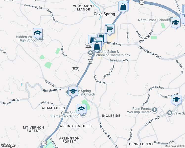 map of restaurants, bars, coffee shops, grocery stores, and more near 5015 Merriman Road in Cave Spring