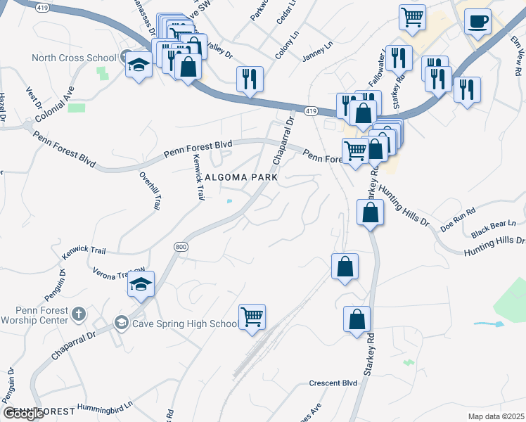 map of restaurants, bars, coffee shops, grocery stores, and more near 3420 Laurel Circle in Roanoke