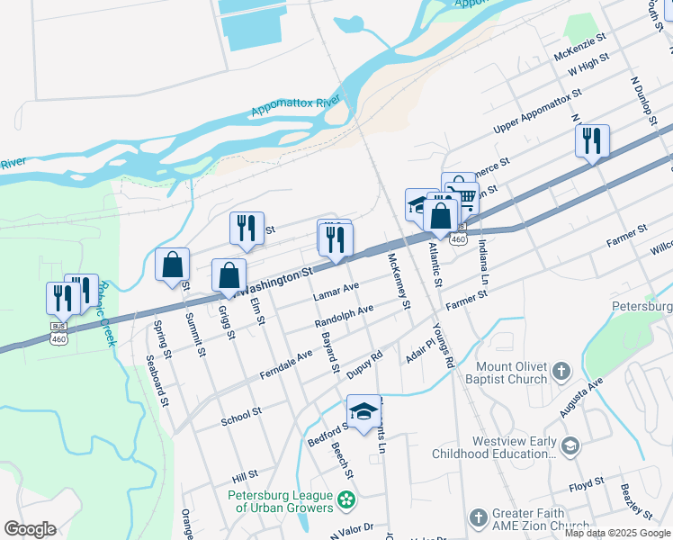 map of restaurants, bars, coffee shops, grocery stores, and more near 1714 West Washington Street in Petersburg