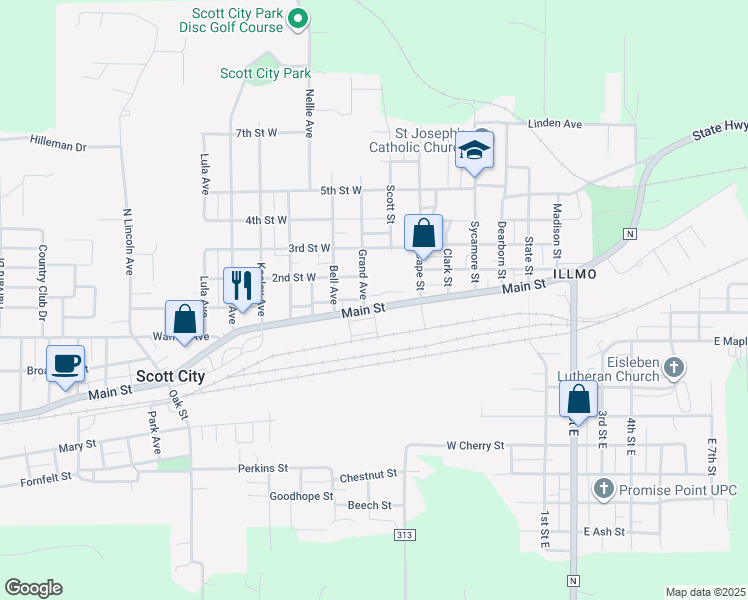map of restaurants, bars, coffee shops, grocery stores, and more near 618 Main Street in Scott City