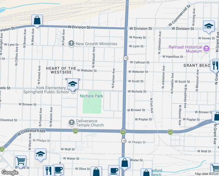 map of restaurants, bars, coffee shops, grocery stores, and more near 1000-1050 North Farmer Avenue in Springfield