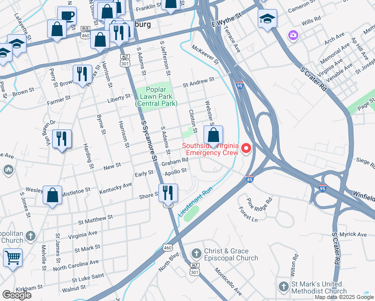 map of restaurants, bars, coffee shops, grocery stores, and more near 214 Mercury Street in Petersburg