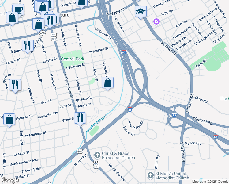 map of restaurants, bars, coffee shops, grocery stores, and more near 567 Webster Street in Petersburg