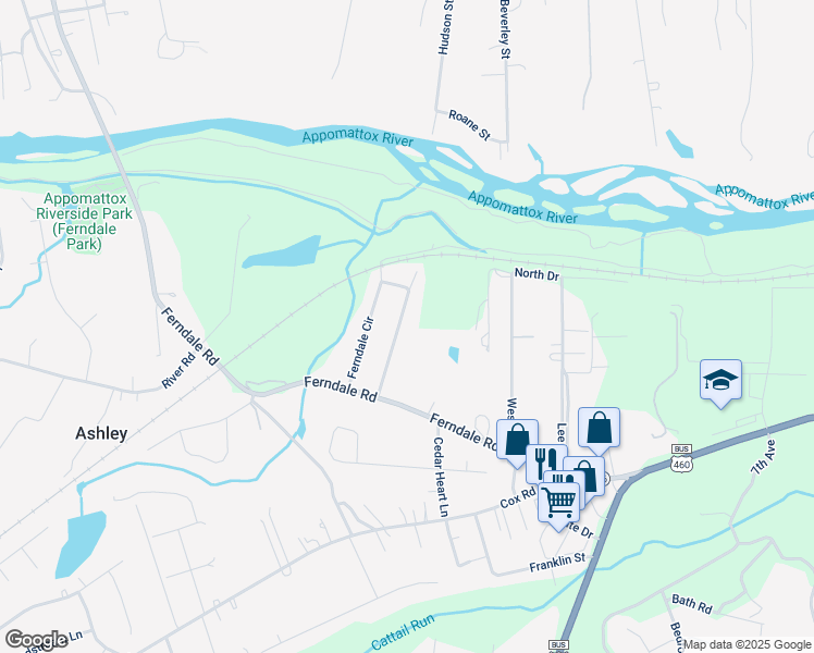 map of restaurants, bars, coffee shops, grocery stores, and more near 3817 Ferndale Circle in Petersburg