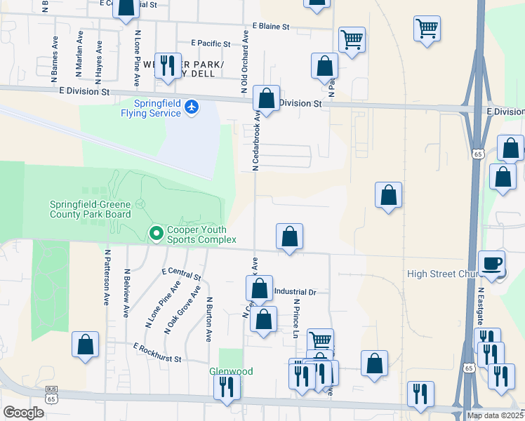 map of restaurants, bars, coffee shops, grocery stores, and more near 1120 North Cedarbrook Avenue in Springfield