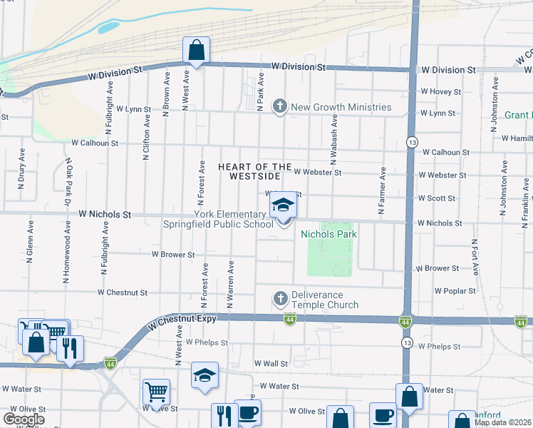 map of restaurants, bars, coffee shops, grocery stores, and more near 2133 West Nichols Street in Springfield