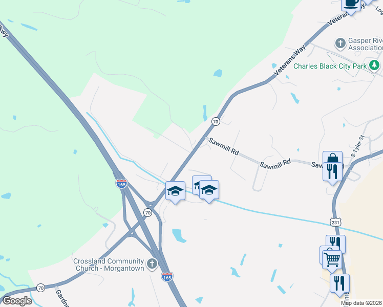 map of restaurants, bars, coffee shops, grocery stores, and more near 101 Chickasaw Drive in Morgantown