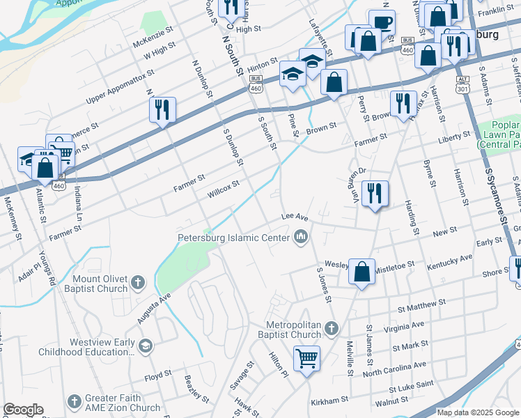map of restaurants, bars, coffee shops, grocery stores, and more near 570 South Dunlop Street in Petersburg