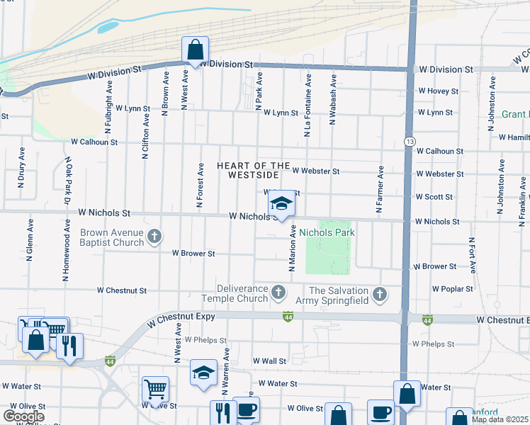 map of restaurants, bars, coffee shops, grocery stores, and more near 2125 West Nichols Street in Springfield