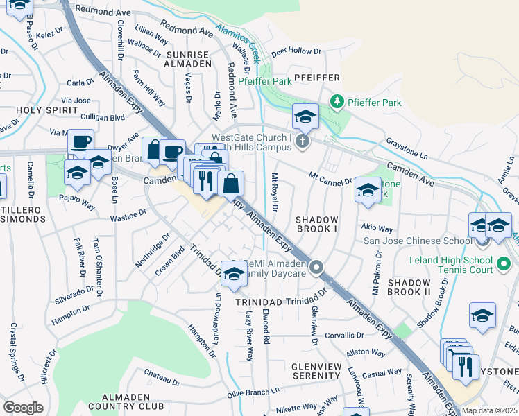 map of restaurants, bars, coffee shops, grocery stores, and more near 6596 Almaden Road in San Jose