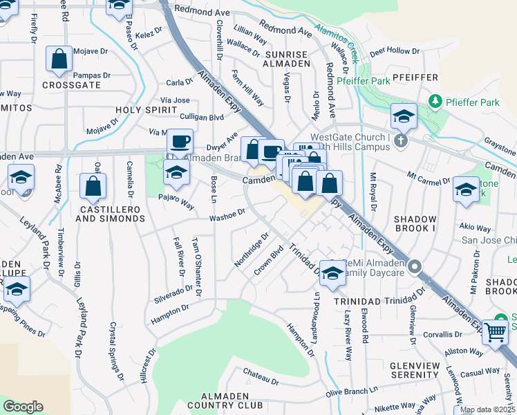 map of restaurants, bars, coffee shops, grocery stores, and more near 1147 Trevino Terrace in San Jose