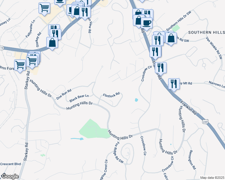 map of restaurants, bars, coffee shops, grocery stores, and more near 5269 Flintlock Rd in Roanoke