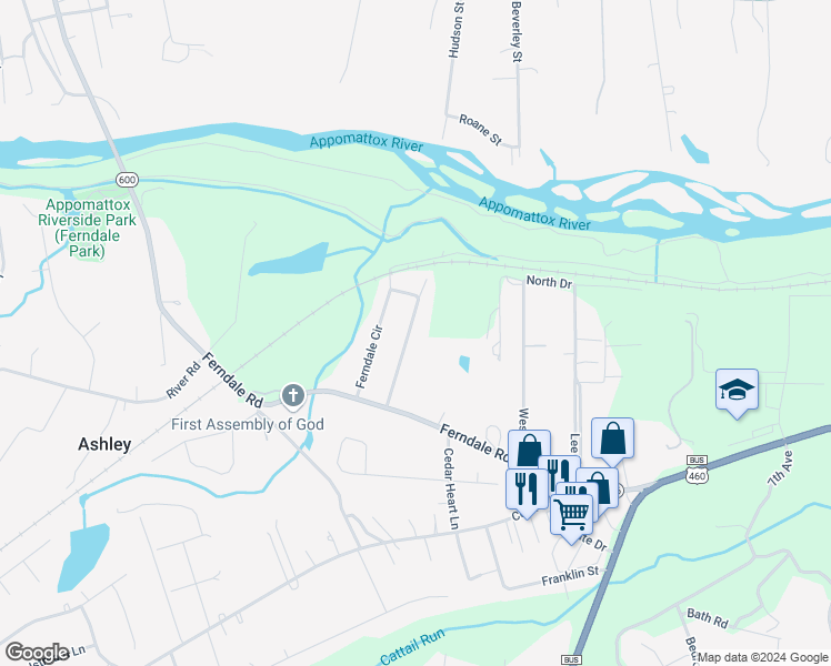 map of restaurants, bars, coffee shops, grocery stores, and more near 3817 Ferndale Circle in Petersburg