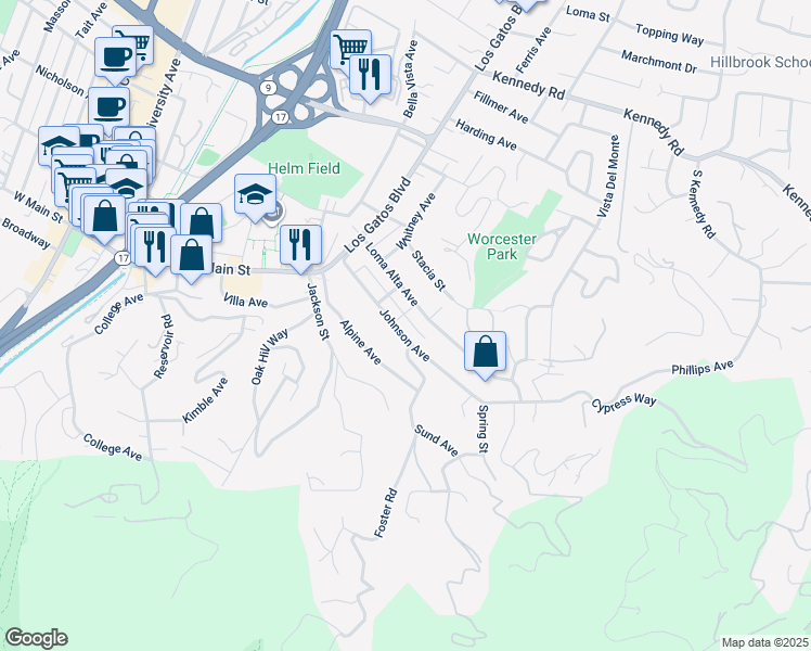 map of restaurants, bars, coffee shops, grocery stores, and more near 209 Johnson Avenue in Los Gatos