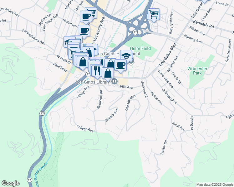map of restaurants, bars, coffee shops, grocery stores, and more near 90 Cleland Avenue in Los Gatos