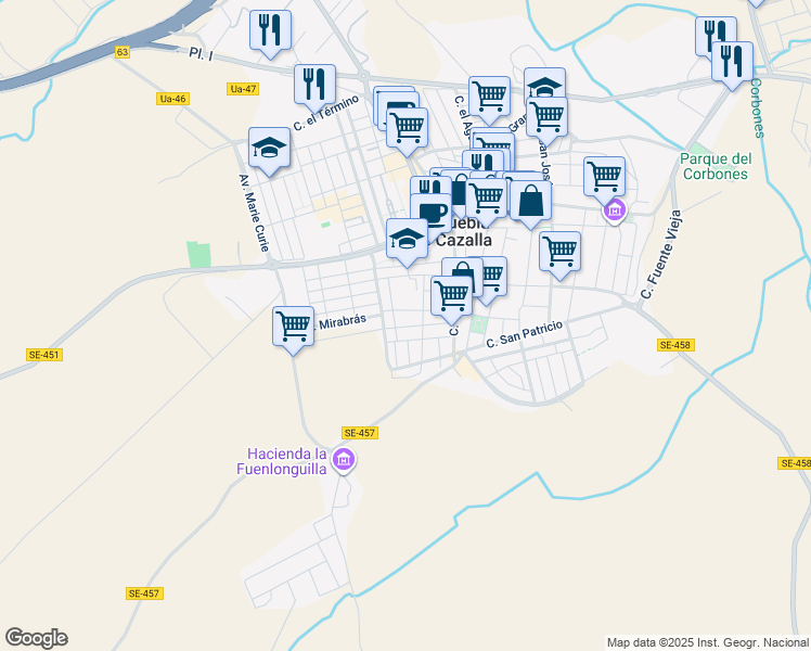 map of restaurants, bars, coffee shops, grocery stores, and more near 42 Calle Virgen de Fátima in La Puebla de Cazalla