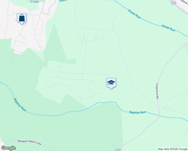 map of restaurants, bars, coffee shops, grocery stores, and more near 1616 Baptist Road in Yorktown