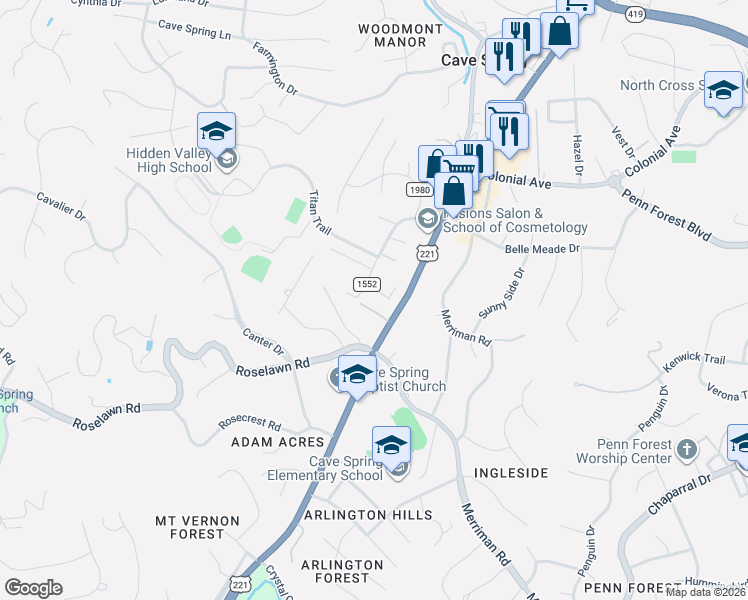 map of restaurants, bars, coffee shops, grocery stores, and more near 5049 Pleasant Hill Drive in Cave Spring