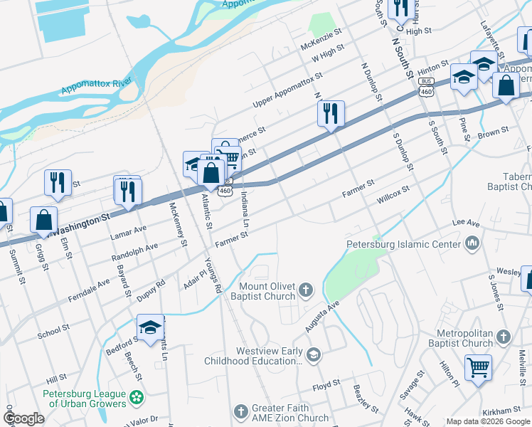 map of restaurants, bars, coffee shops, grocery stores, and more near 1353 Rome Street in Petersburg