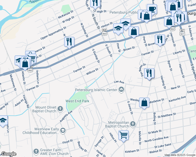 map of restaurants, bars, coffee shops, grocery stores, and more near 916 Stainback Street in Petersburg