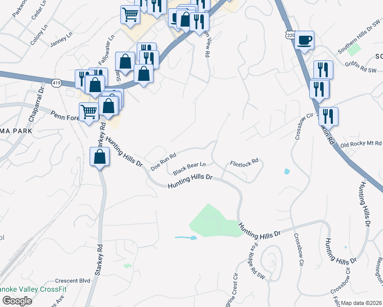map of restaurants, bars, coffee shops, grocery stores, and more near 5354 Doe Run Road in Cave Spring
