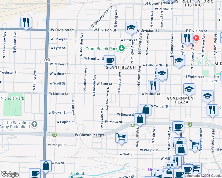 map of restaurants, bars, coffee shops, grocery stores, and more near 1019 North Broadway Avenue in Springfield