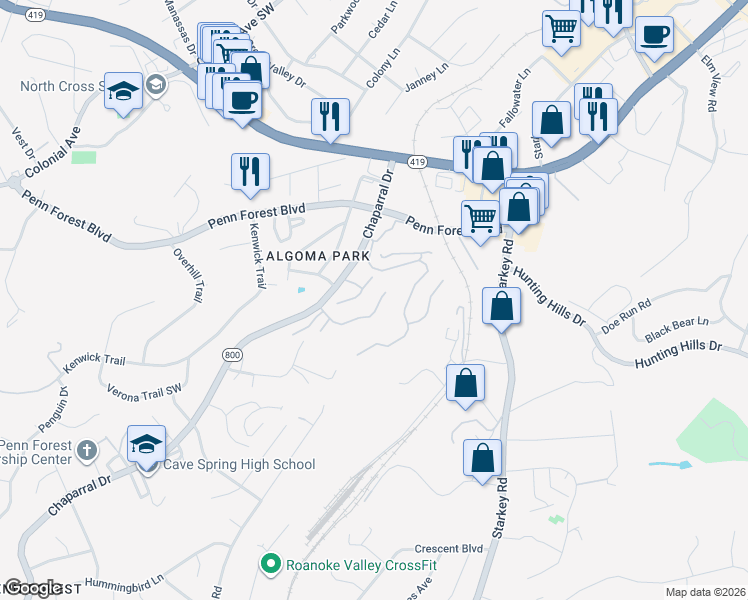 map of restaurants, bars, coffee shops, grocery stores, and more near 3359 Kelly Lane in Cave Spring