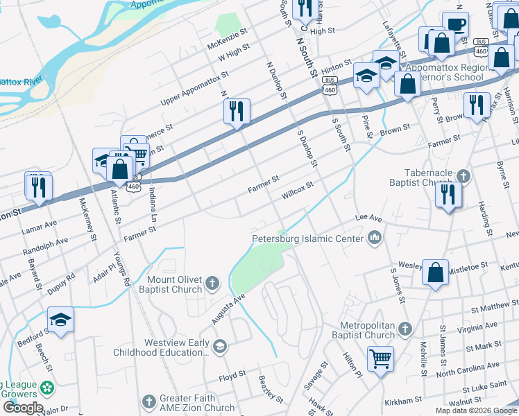 map of restaurants, bars, coffee shops, grocery stores, and more near 1123 Willcox Street in Petersburg