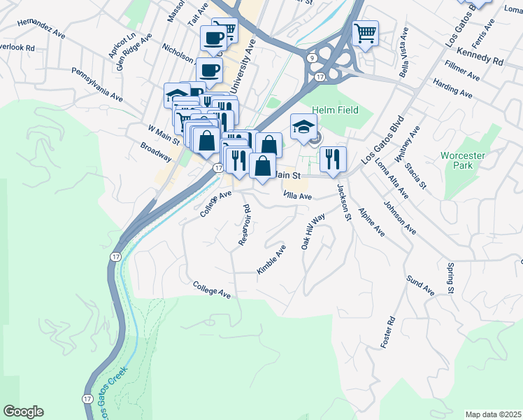 map of restaurants, bars, coffee shops, grocery stores, and more near 56 Cleland Avenue in Los Gatos
