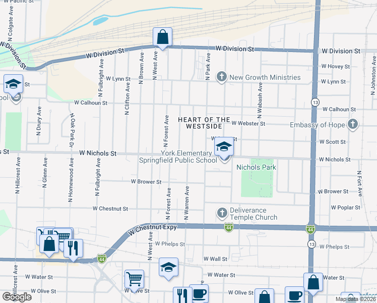 map of restaurants, bars, coffee shops, grocery stores, and more near 2305 West Nichols Street in Springfield