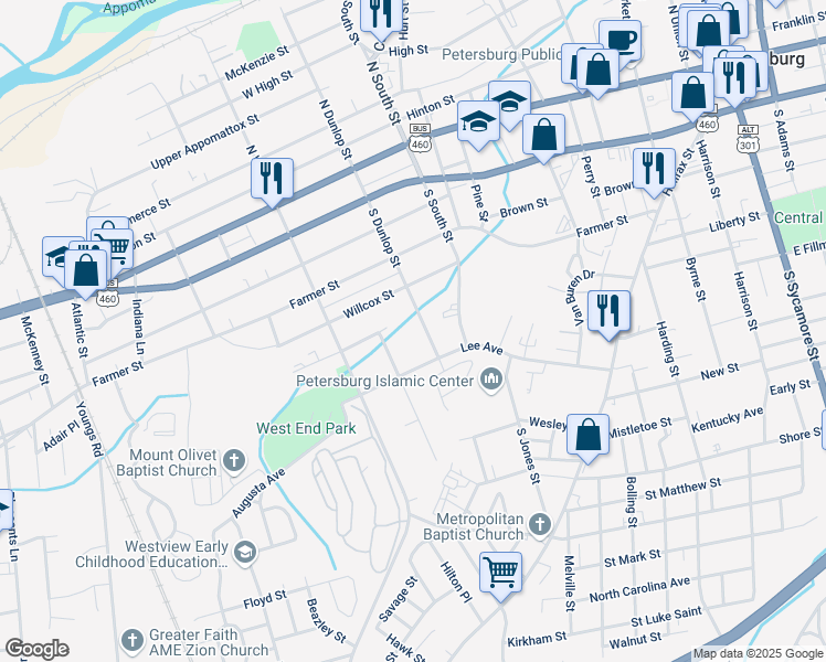 map of restaurants, bars, coffee shops, grocery stores, and more near 512 South Dunlop Street in Petersburg