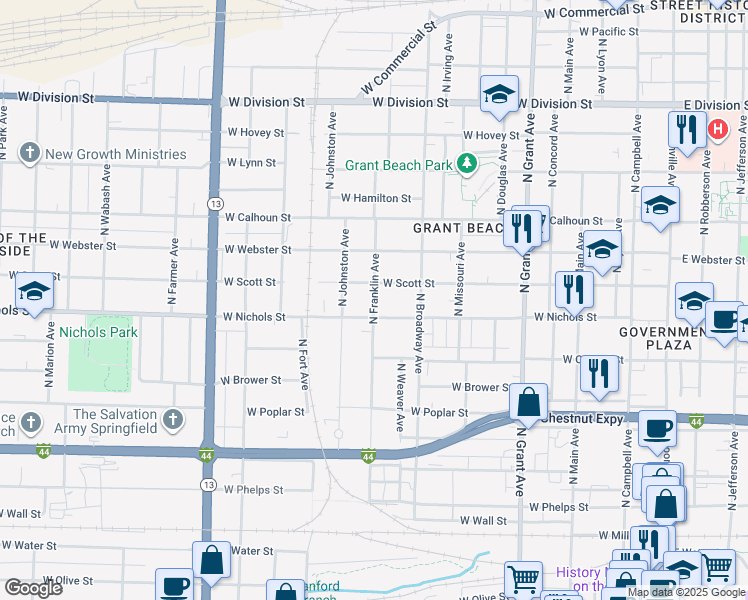 map of restaurants, bars, coffee shops, grocery stores, and more near 1050 North Franklin Avenue in Springfield