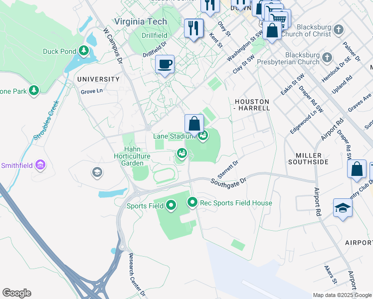 map of restaurants, bars, coffee shops, grocery stores, and more near 230 Beamer Way in Blacksburg