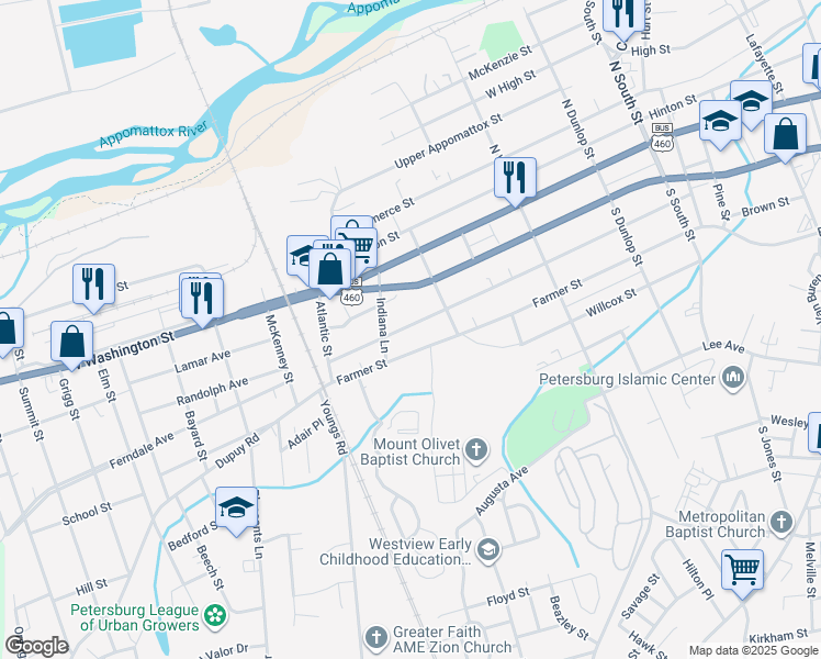 map of restaurants, bars, coffee shops, grocery stores, and more near 1344 Rome Street in Petersburg
