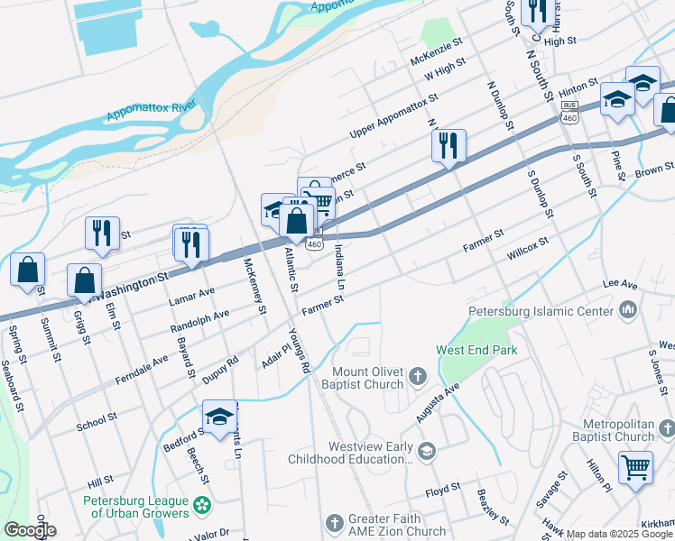 map of restaurants, bars, coffee shops, grocery stores, and more near 1432 Oakdale Avenue in Petersburg