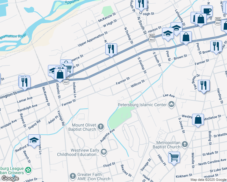 map of restaurants, bars, coffee shops, grocery stores, and more near 319 Britton Street in Petersburg