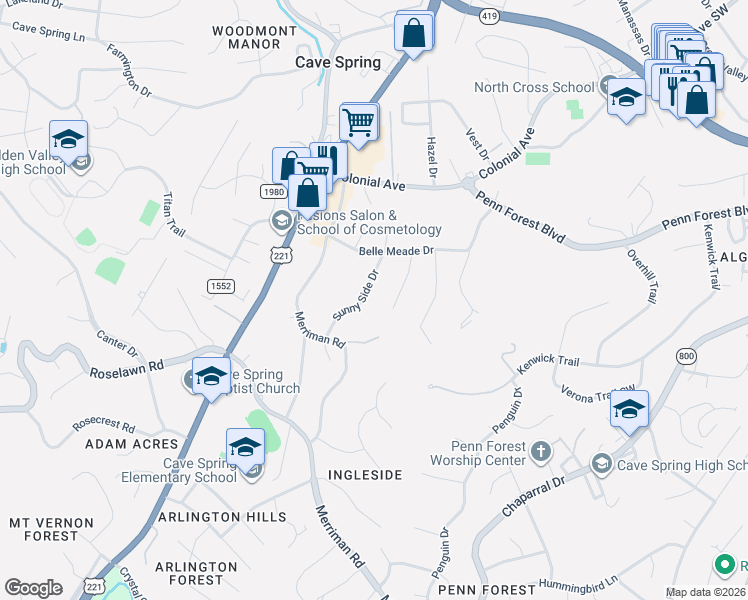 map of restaurants, bars, coffee shops, grocery stores, and more near 5022 Shady Side Drive in Roanoke