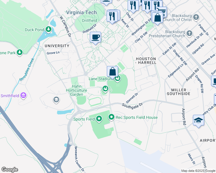 map of restaurants, bars, coffee shops, grocery stores, and more near 240 Beamer Way in Blacksburg