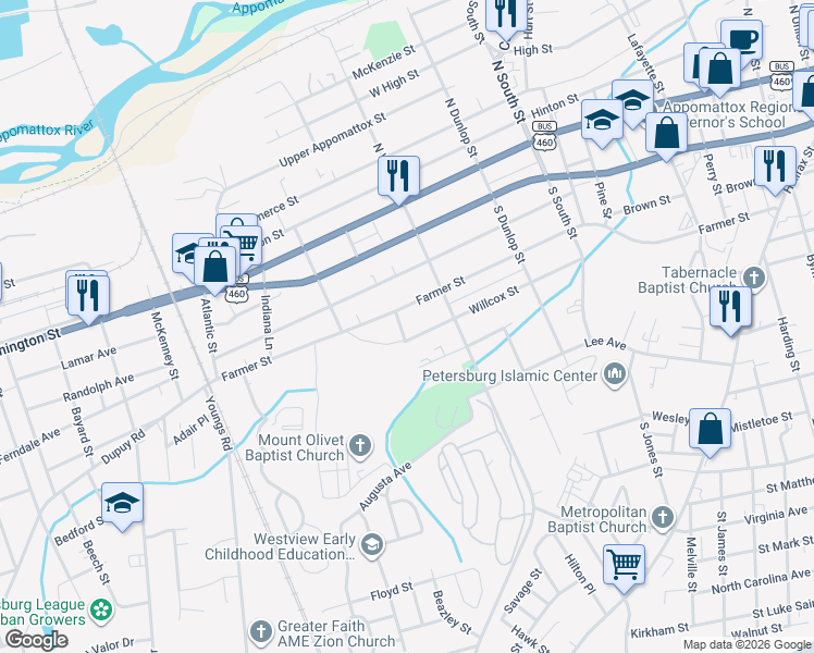 map of restaurants, bars, coffee shops, grocery stores, and more near 319 Britton Street in Petersburg