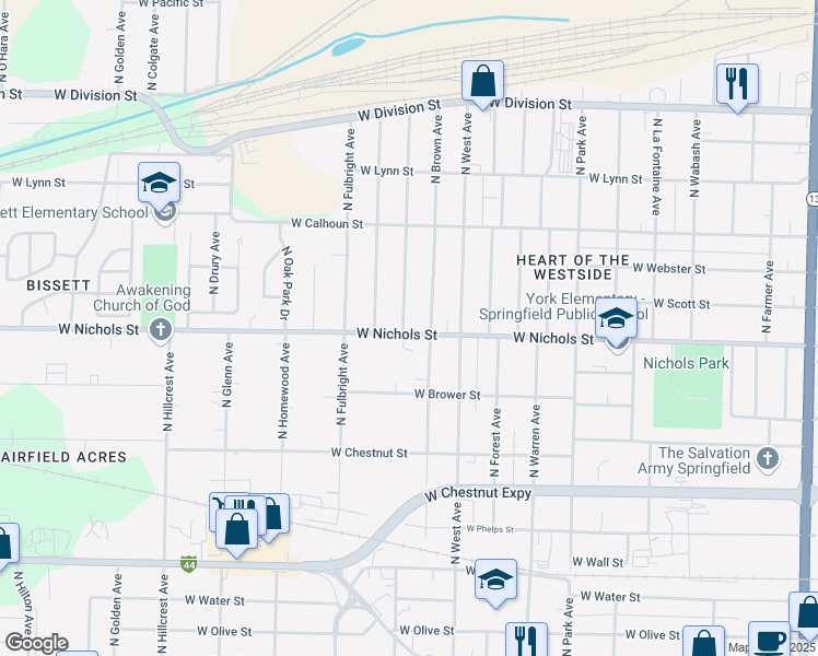 map of restaurants, bars, coffee shops, grocery stores, and more near 2555 West Nichols Street in Springfield
