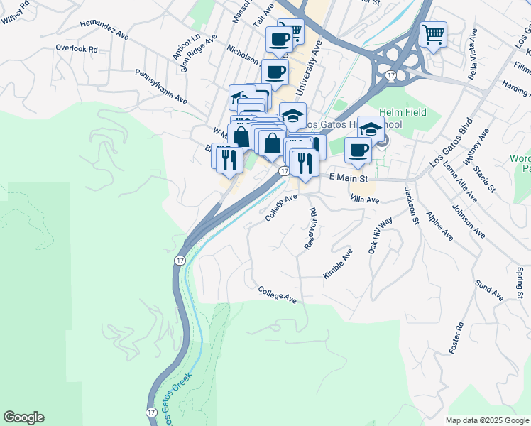map of restaurants, bars, coffee shops, grocery stores, and more near 20 Dittos Lane in Los Gatos