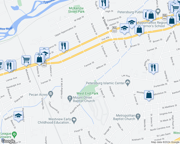 map of restaurants, bars, coffee shops, grocery stores, and more near 1110 Willcox Street in Petersburg